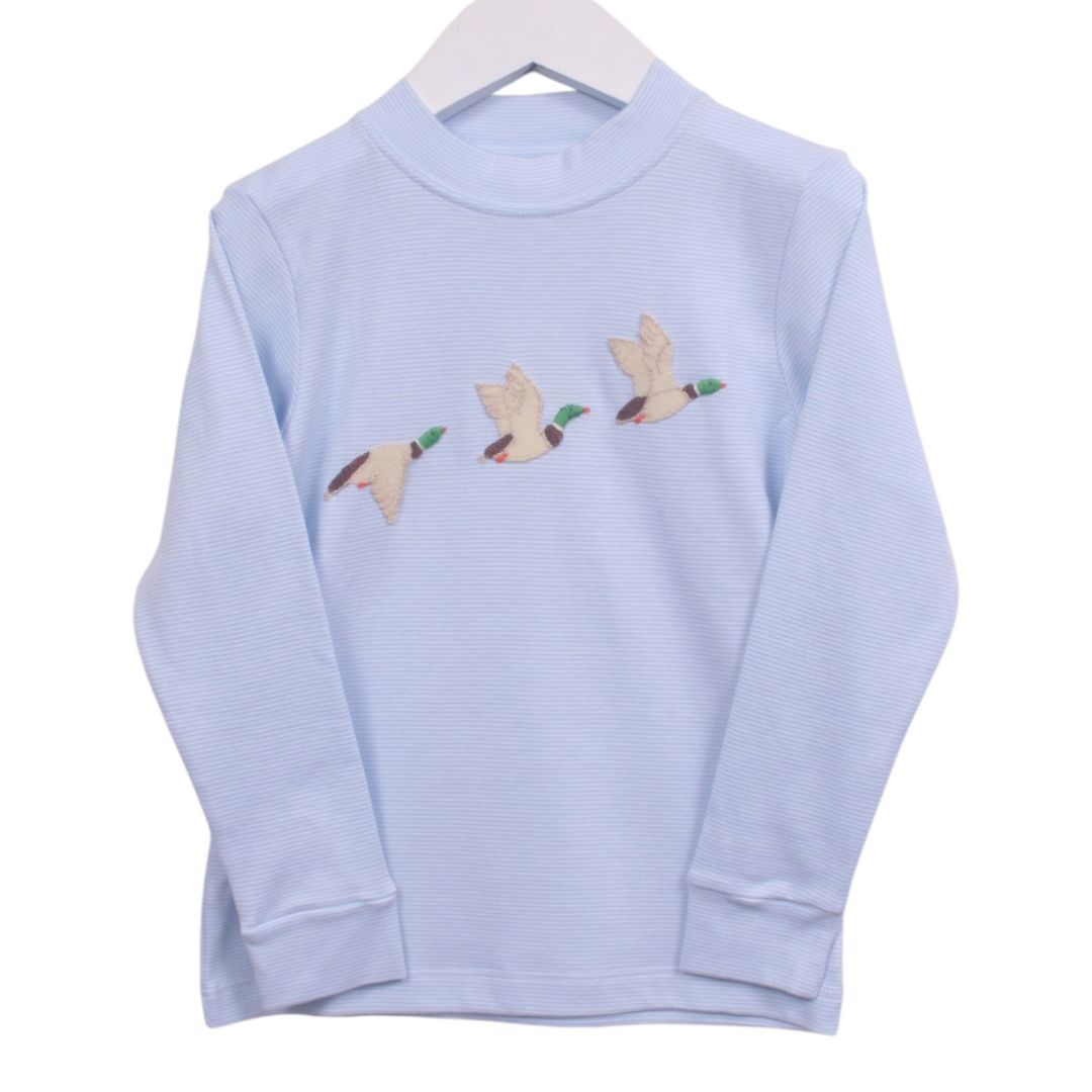 That Store boys long sleeve tee in light blue stripe Pima cotton with a flying duck applique design.