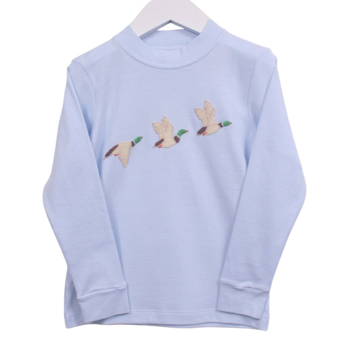 That Store boys long sleeve tee in light blue stripe Pima cotton with a flying duck applique design.