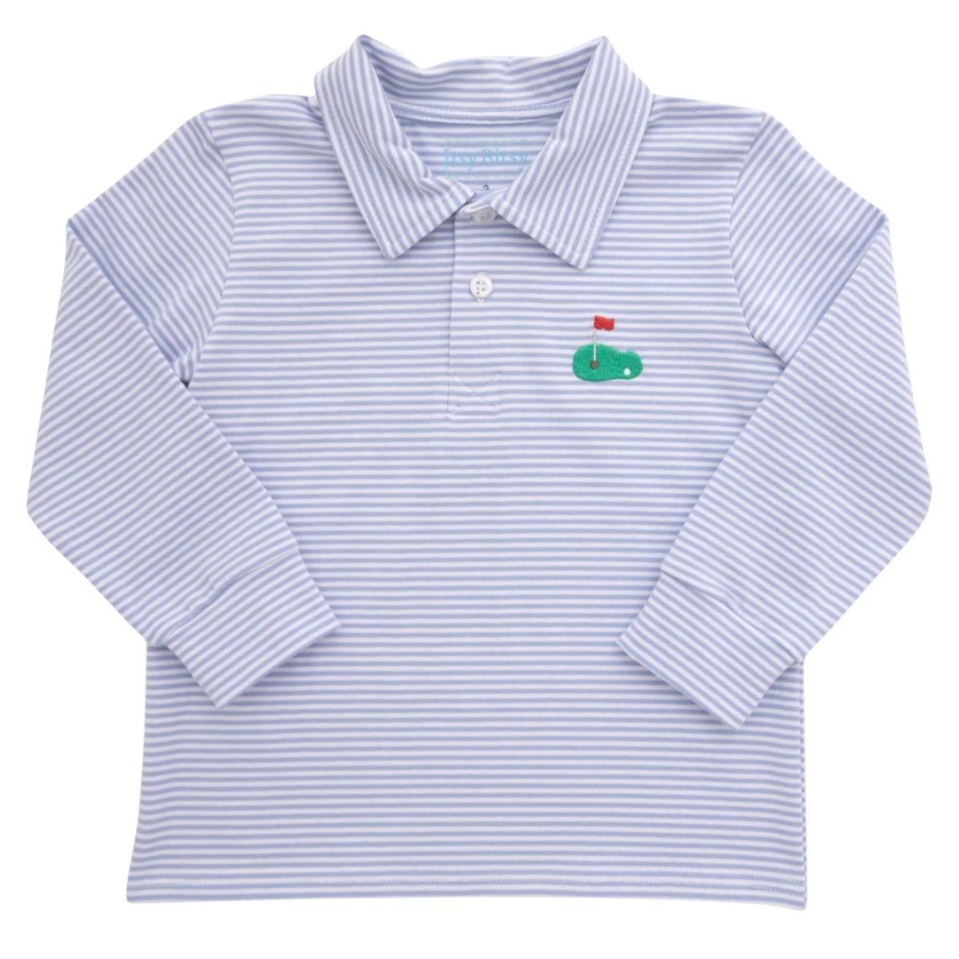 That Store boys long sleeve polo shirt in golf blue stripes with a small embroidered golf green and flag detail.