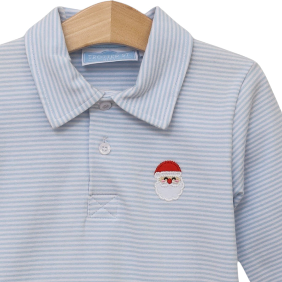 That Store boys blue stripe polo shirt with embroidered Santa detail on the chest, made from cotton and spandex.