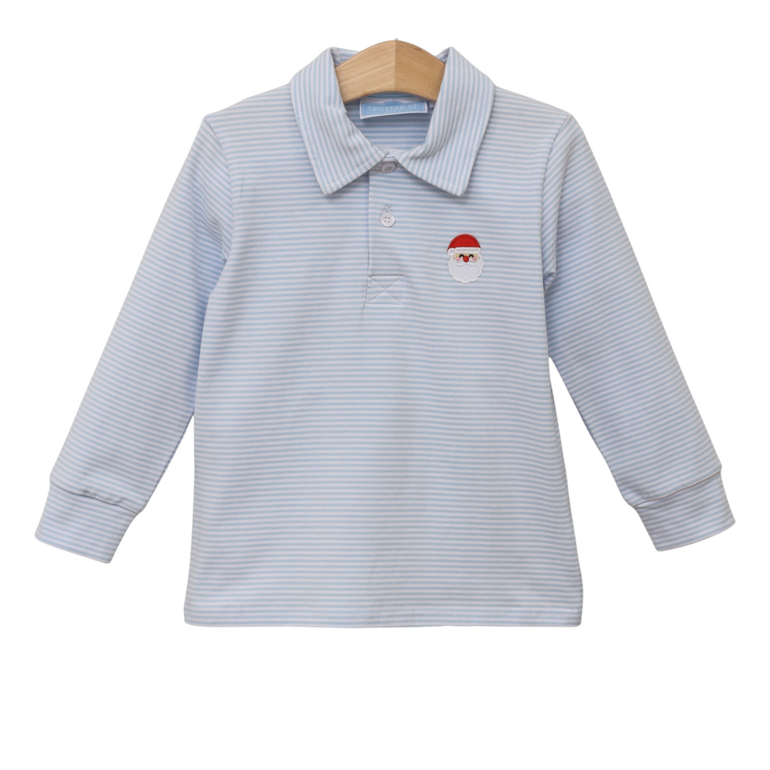 That Store boys long sleeve polo in blue stripe cotton with an embroidered Santa face on the chest