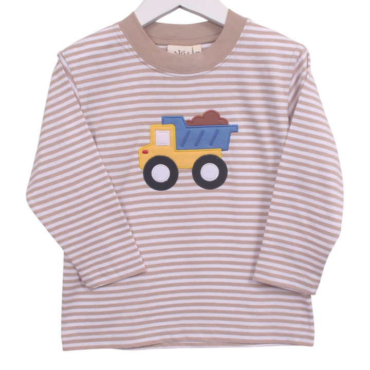 That Store boys long sleeve tee in brown stripes with a yellow and blue dump truck applique on the front.