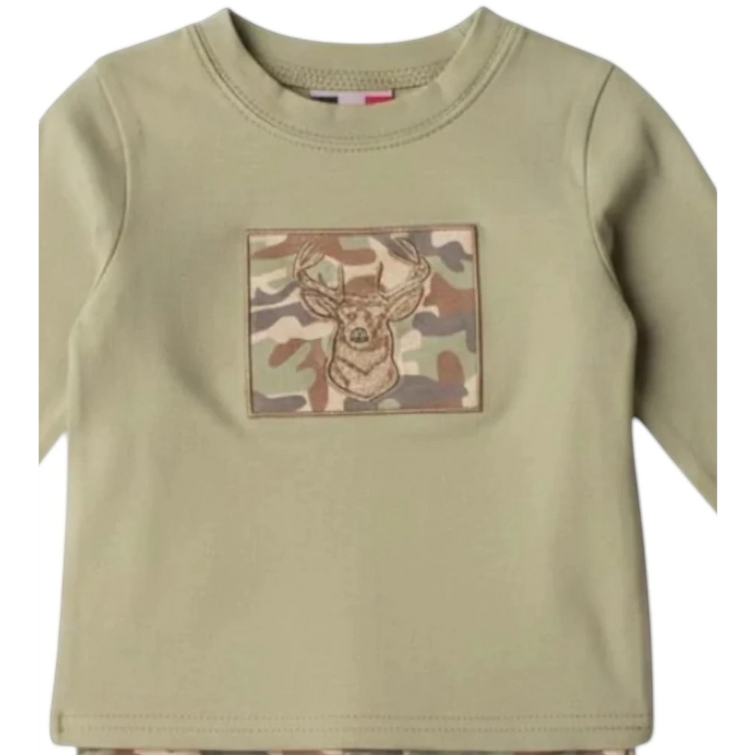 That Store boys green cotton long sleeve shirt with a buck deer applique on a camo patch and matching camo pants.