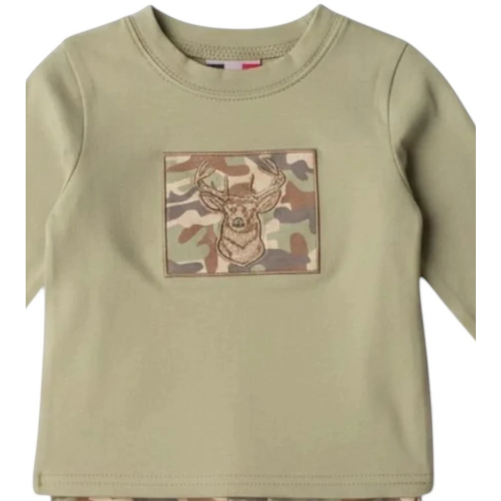 That Store boys green cotton long sleeve shirt with a buck deer applique on a camo patch and matching camo pants.