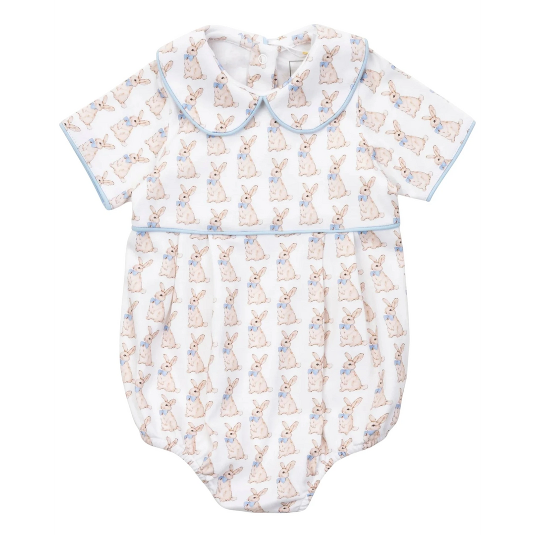 That Store boys' pima cotton bubble featuring a blue Easter bunny print, peter pan collar, and contrast piping.