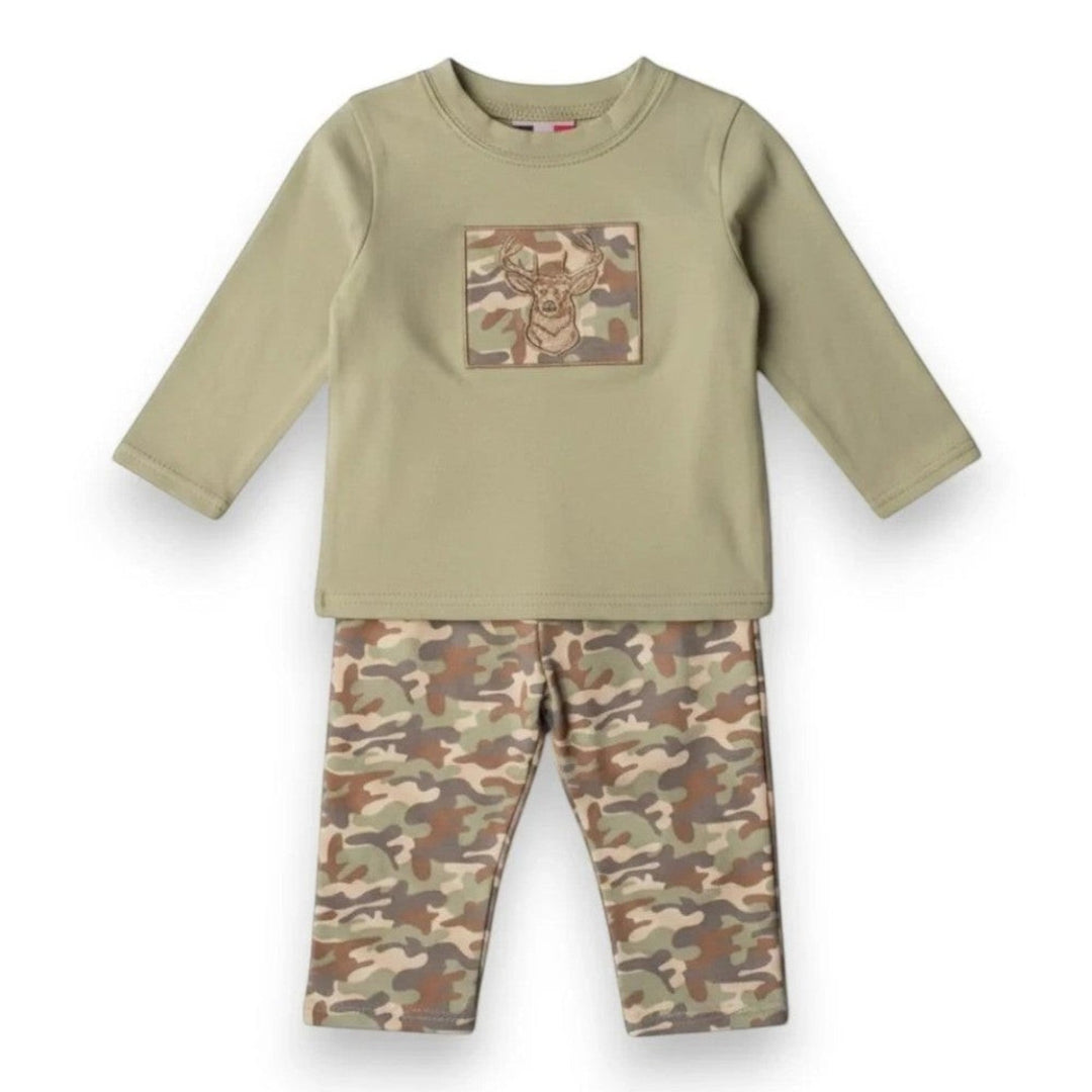 That Store boys cotton pant set featuring a sage green long-sleeve shirt with a buck applique and camo print pants.