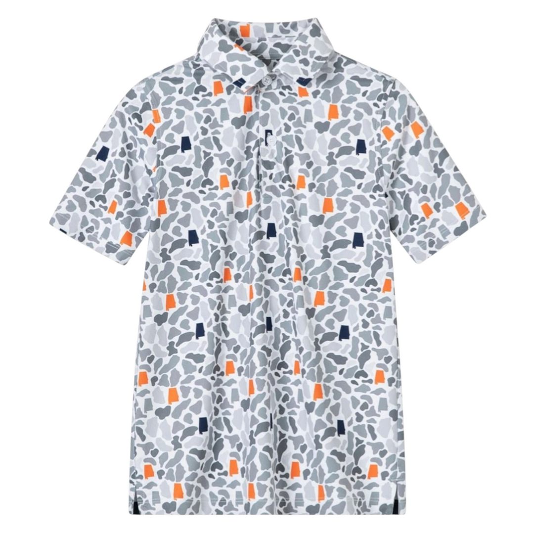 That Store boy's moisture-wicking polo shirt in grey, orange, and blue camo print with state-shaped accents.