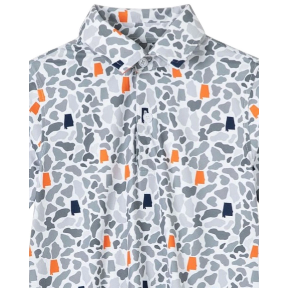 That Store boy's moisture-wicking polo shirt in grey, orange, and blue state-themed camouflage print