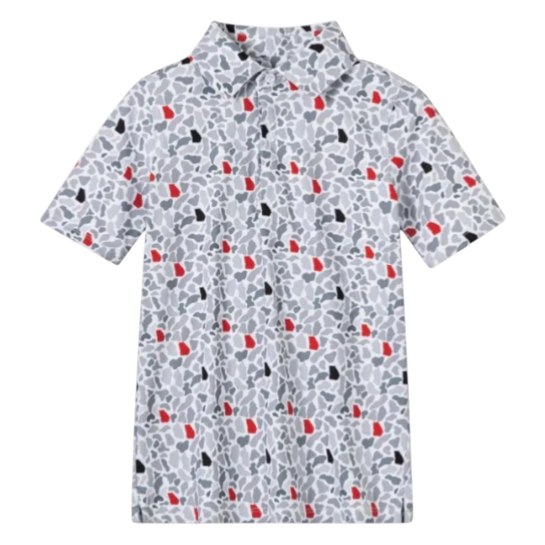 That Store boy's moisture-wicking polo in a grey, red, and black camo print with a classic collar and short sleeves.