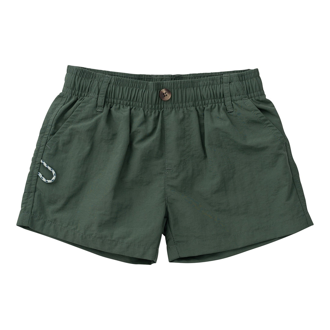 That Store boys' camping green performance shorts with elastic waistband, ripstop fabric, and signature utility loop.