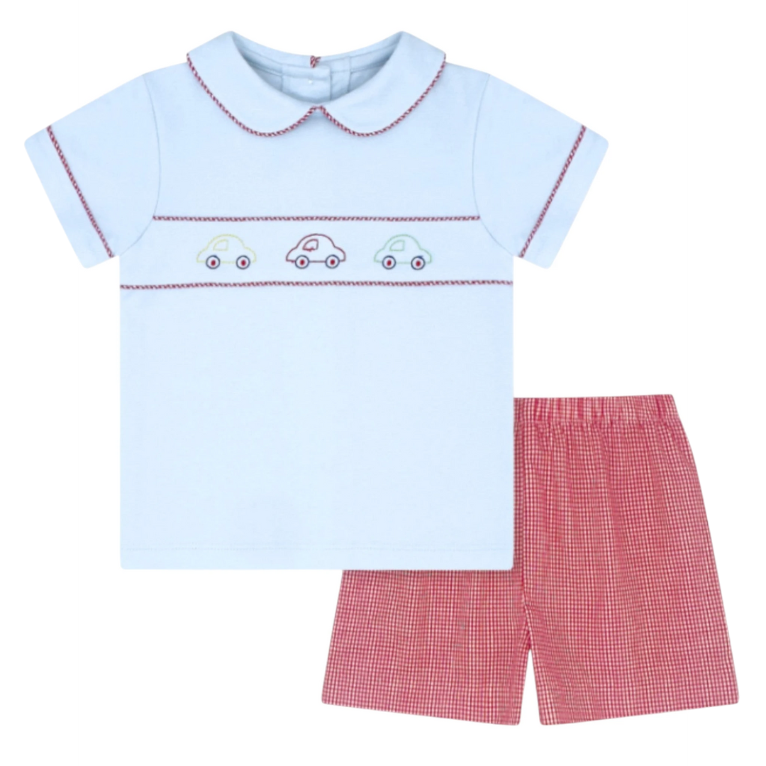 That Store Carson boys short set with a light blue knit top, car embroidery, and red gingham shorts.