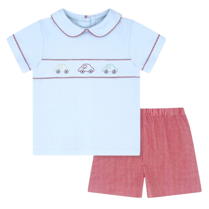 That Store Carson boys short set with a light blue knit top, car embroidery, and red gingham shorts.