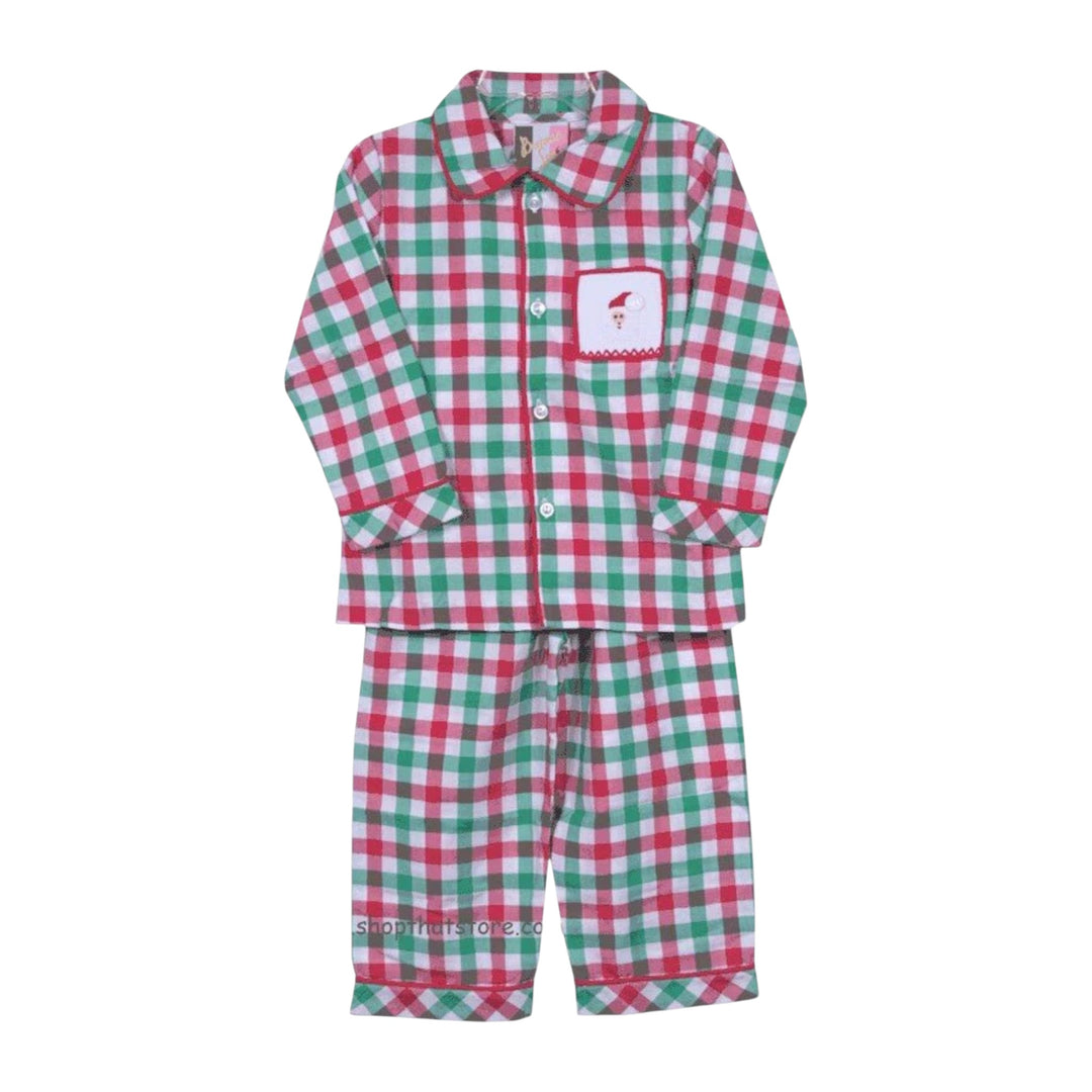 That Store Banana Split Ho Ho boy's Christmas pajama set in red and green plaid with a smocked Santa Claus pocket.