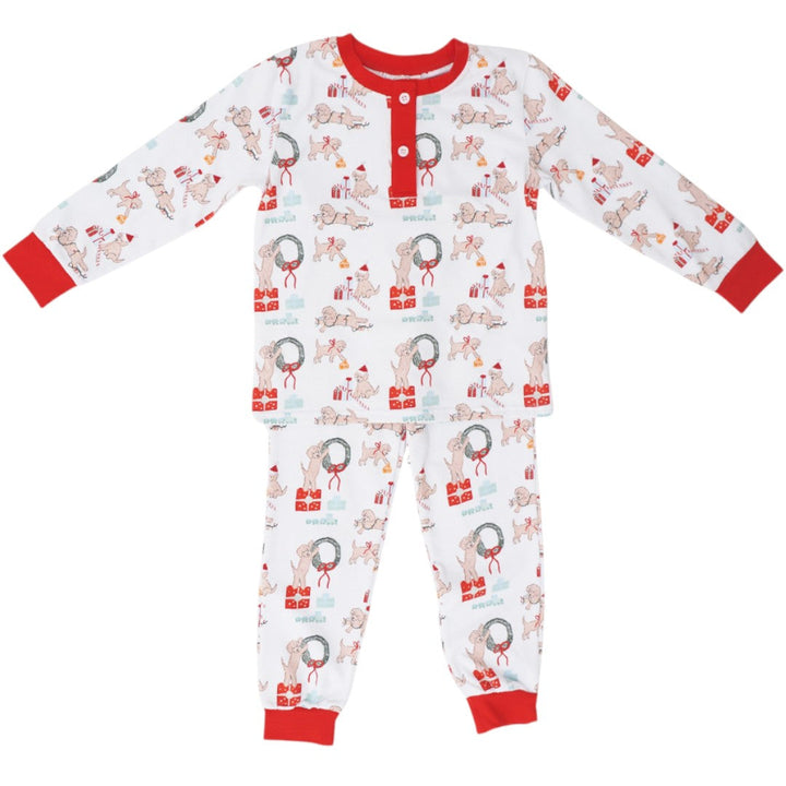 That Store Santa Paws boys lounge set featuring a festive puppy print with red trim on a white long-sleeve pajama top.