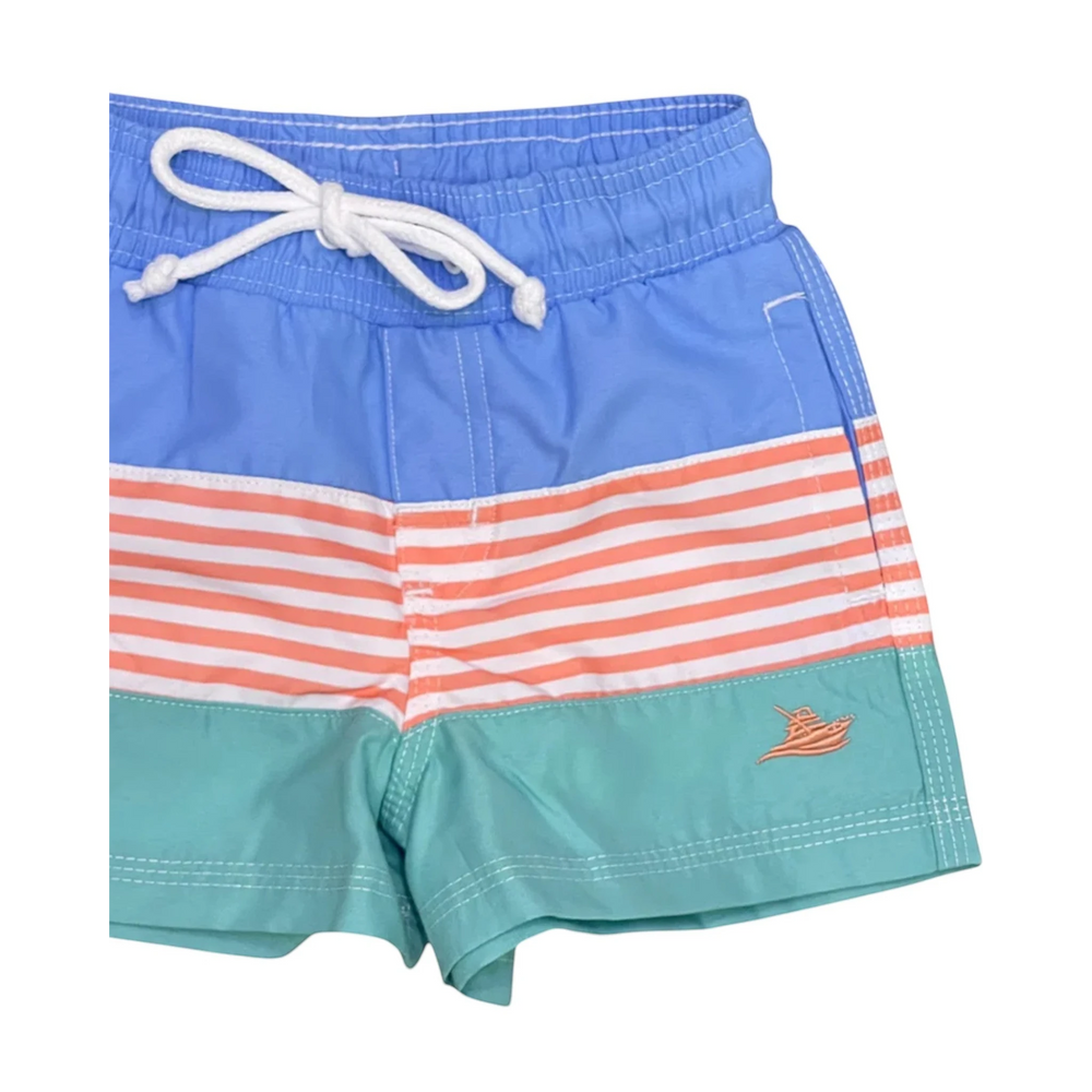 That Store boys swim trunk featuring a blue, persimmon striped, and teal color block design with a white drawstring.