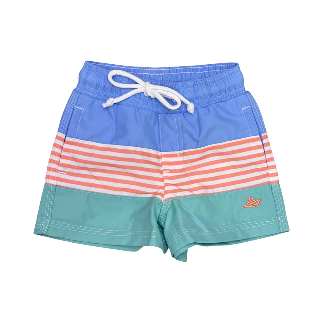 That Store boys swim trunk featuring a blue, white, and persimmon striped color block design with a white drawstring.