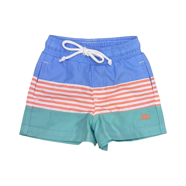 That Store boys swim trunk featuring a blue, white, and persimmon striped color block design with a white drawstring.