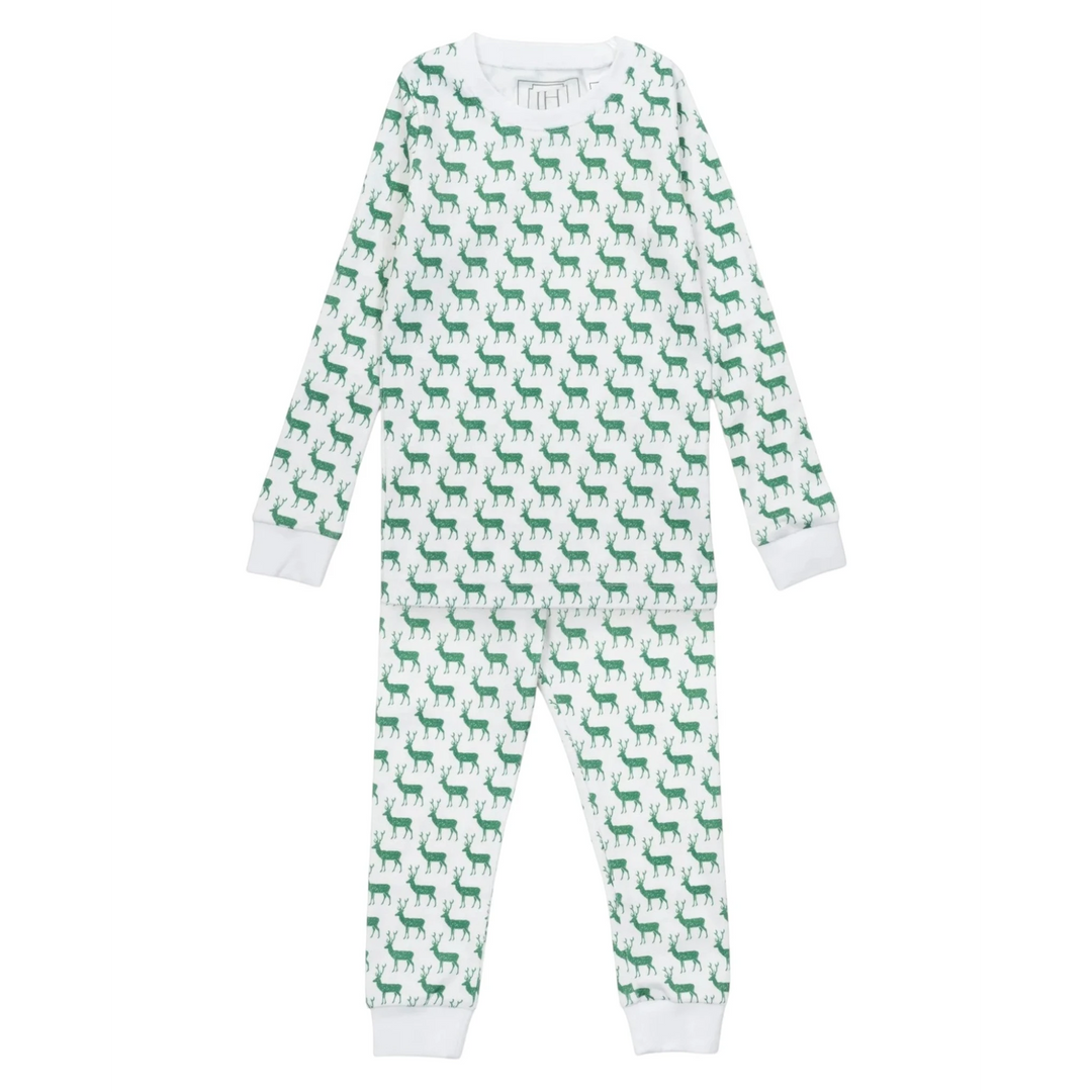 That Store Grayson boys' long-sleeve pajama set in white Pima cotton with a green woodland deer print.