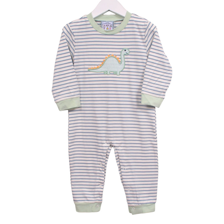 That Store boys blue striped cotton romper with a cute green dinosaur applique on the chest and snap closures.