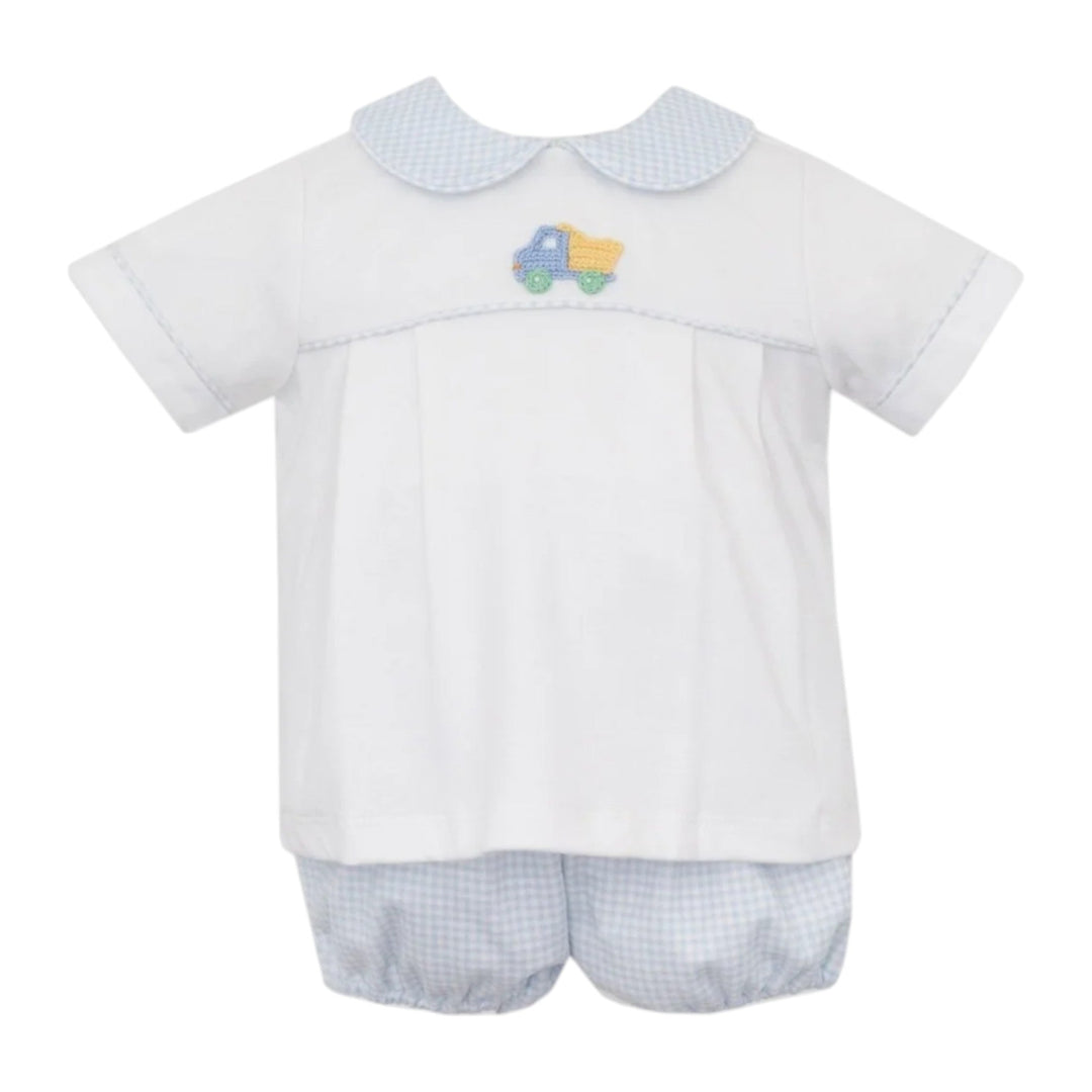That Store boys diaper set featuring a white shirt with a crochet dump truck and light blue gingham collar and shorts.