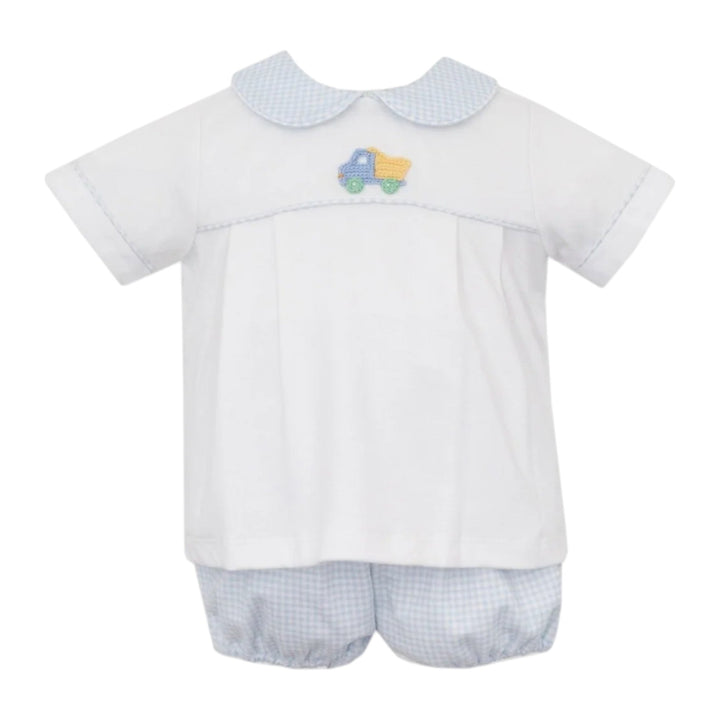 That Store boys diaper set featuring a white shirt with a crochet dump truck and light blue gingham collar and shorts.