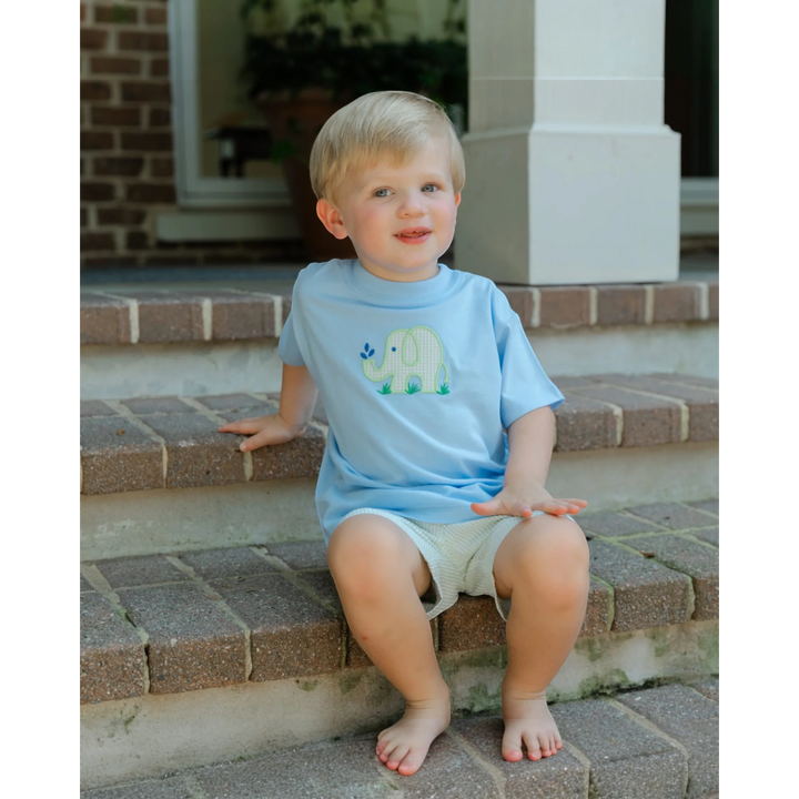 That Store Ele-Fun Times boys blue cotton t-shirt with green elephant appliqué and matching gingham shorts