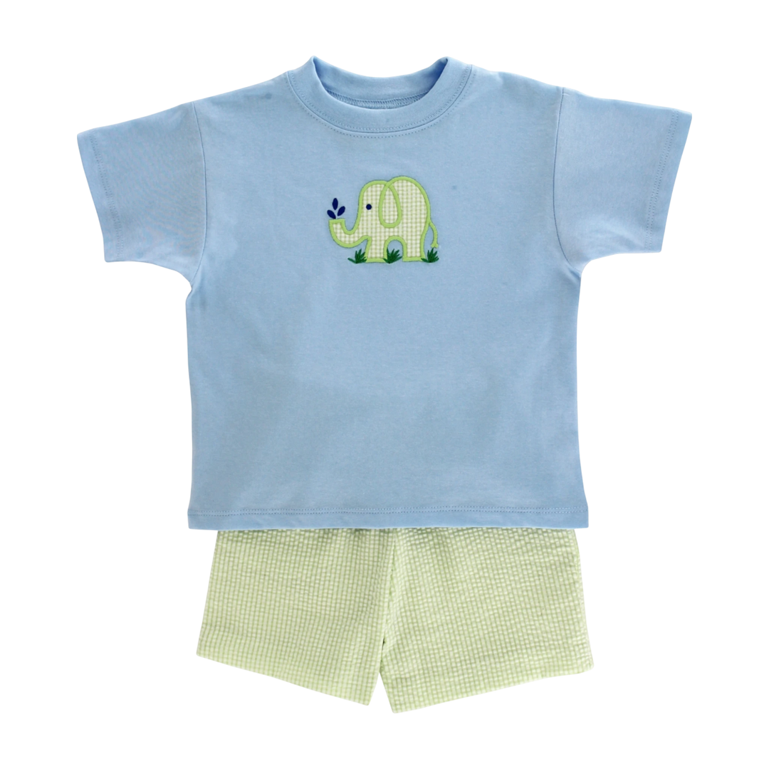 That Store Ele-Fun Times boys blue cotton t-shirt with green elephant appliqué and matching gingham shorts set