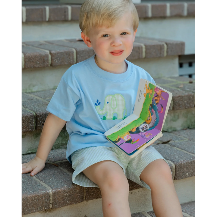 That Store toddler boy wearing a light blue elephant appliqué cotton t-shirt and gingham shorts sitting on steps