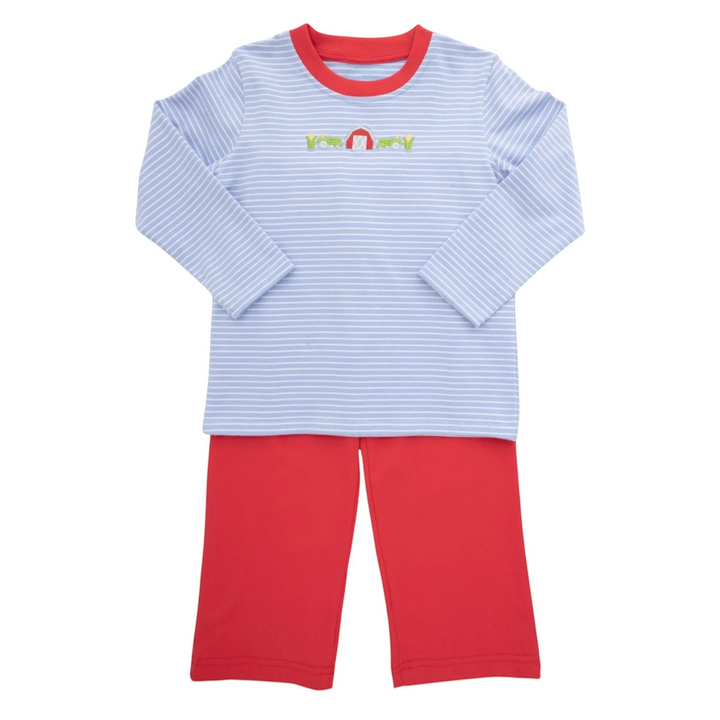 That Store boys farm-themed pant set with blue striped long-sleeve shirt and solid red cotton-blend pants