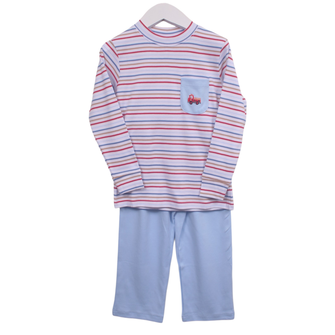 That Store boys two-piece pant set featuring a multi-stripe long sleeve top with a firetruck embroidered pocket.