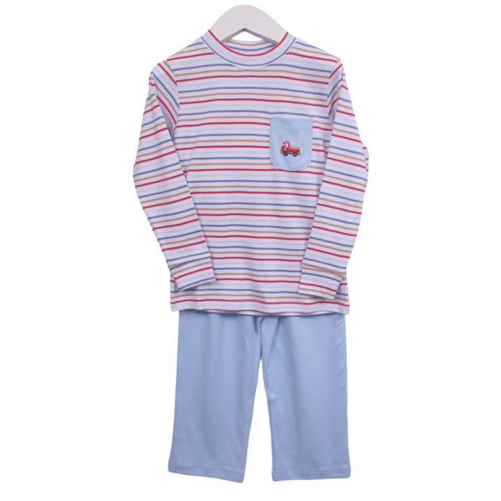 That Store boys two-piece pant set featuring a multi-stripe long sleeve top with a firetruck embroidered pocket.