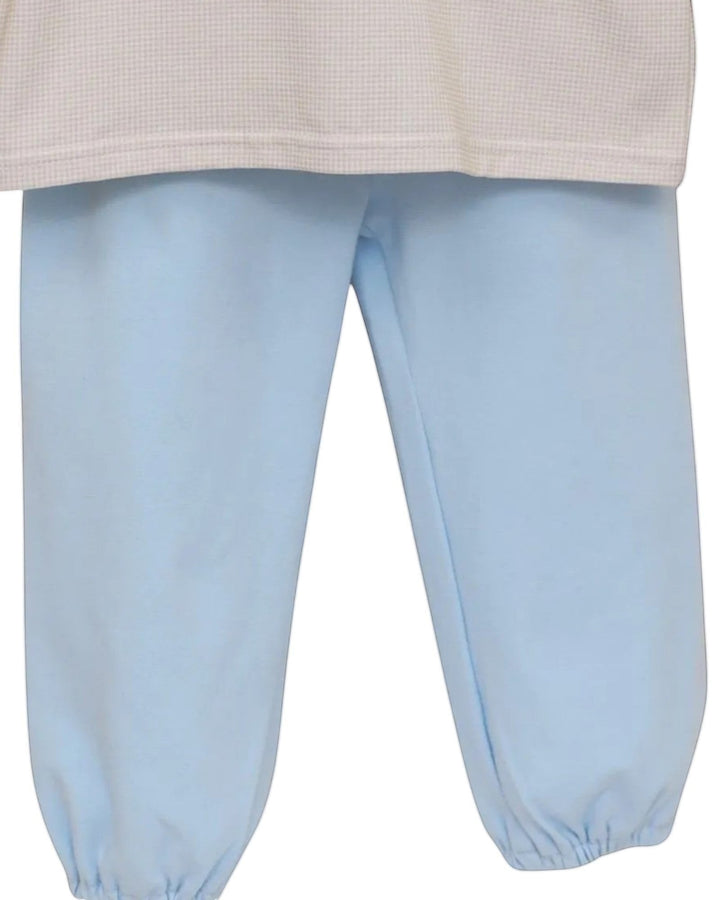 That Store boys two-piece set with a brown gingham top and light blue cotton bloomer pants for a classic look.