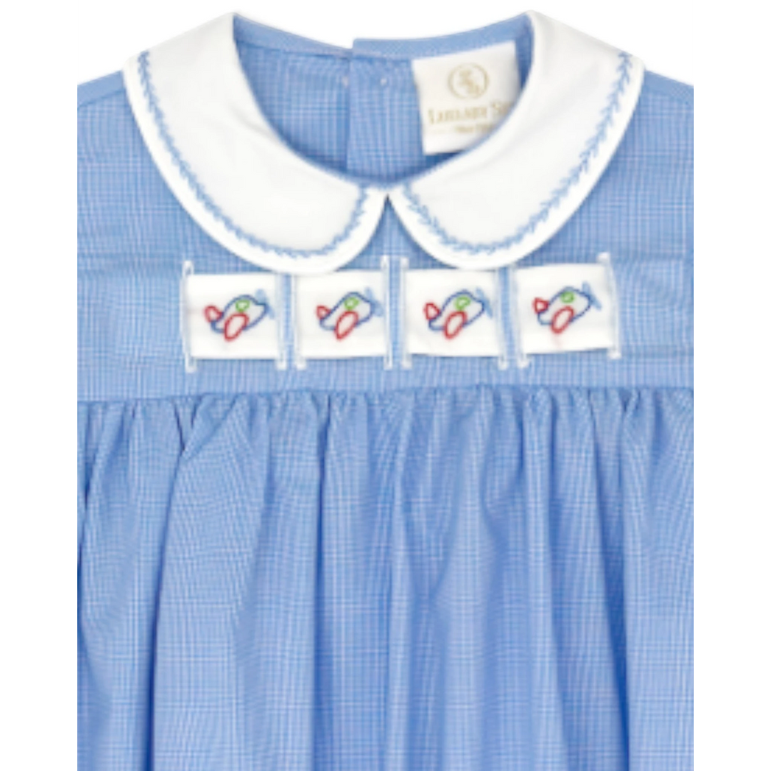 That Store boys bubble in river royal mini gingham with a white peter pan collar and airplane ribbon detail