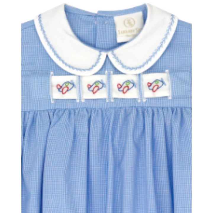 That Store boys bubble in river royal mini gingham with a white peter pan collar and airplane ribbon detail