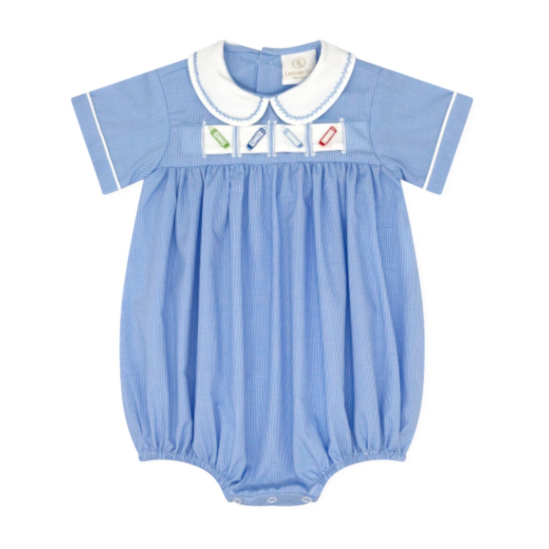 That Store boys bubble in river royal mini gingham with white collar and interchangeable crayon ribbon detail