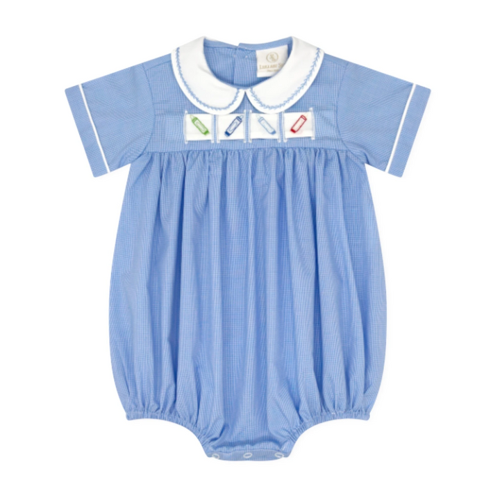 That Store boys bubble in river royal mini gingham with white collar and interchangeable crayon ribbon detail