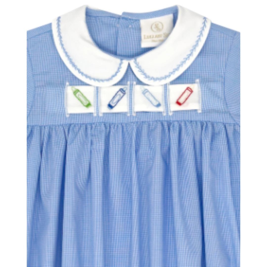 That Store boys blue gingham bubble with white collar and interchangeable crayon ribbon detail