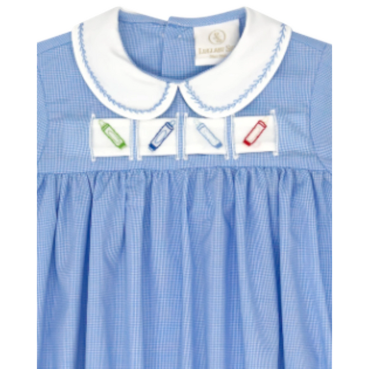 That Store boys blue gingham bubble with white collar and interchangeable crayon ribbon detail