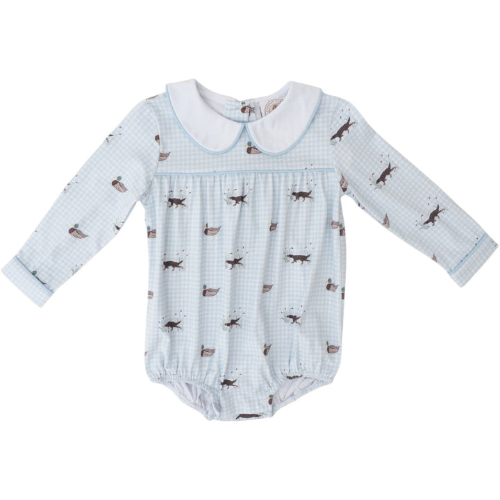 That Store Field and Feather boys bubble in blue gingham with hunting dog and mallard print and white peter pan collar