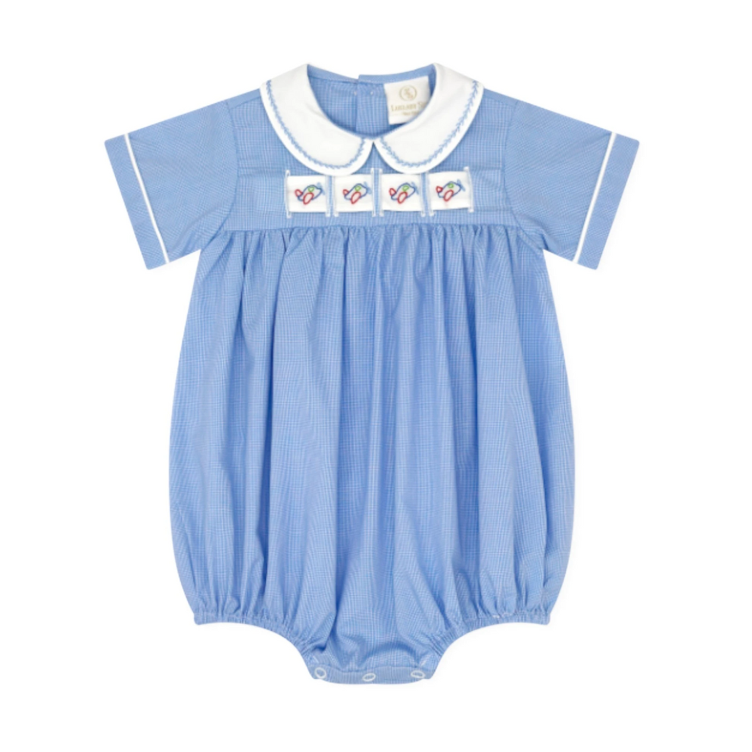That Store boys bubble in river royal mini gingham with a white peter pan collar and interchangeable ribbon accents