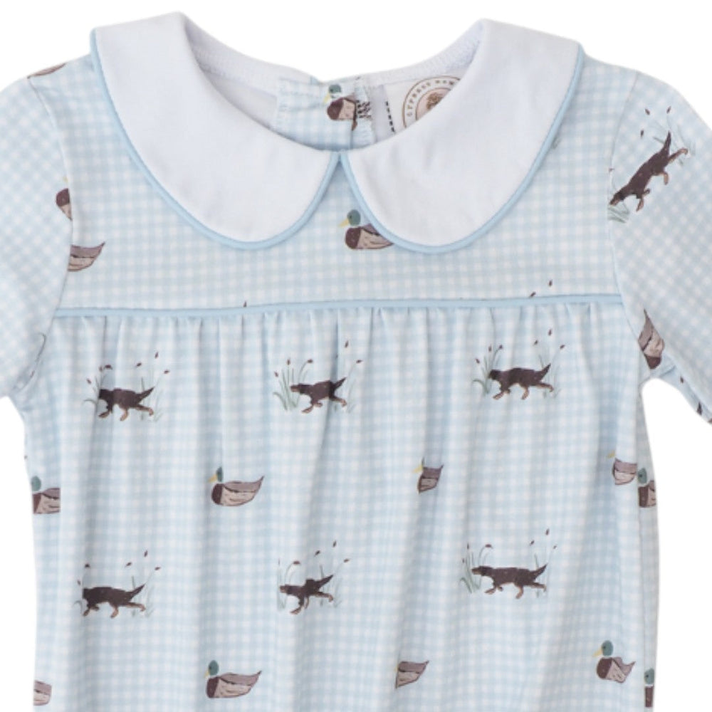 That Store Field and Feather boys bubble in blue gingham with hunting dog and mallard print and white peter pan collar