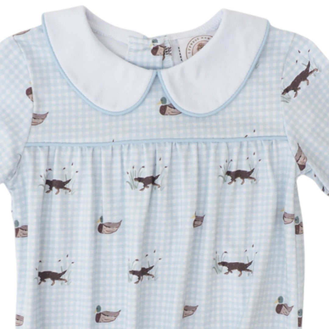 That Store Field and Feather boys bubble in blue gingham with hunting dog and mallard print and white peter pan collar