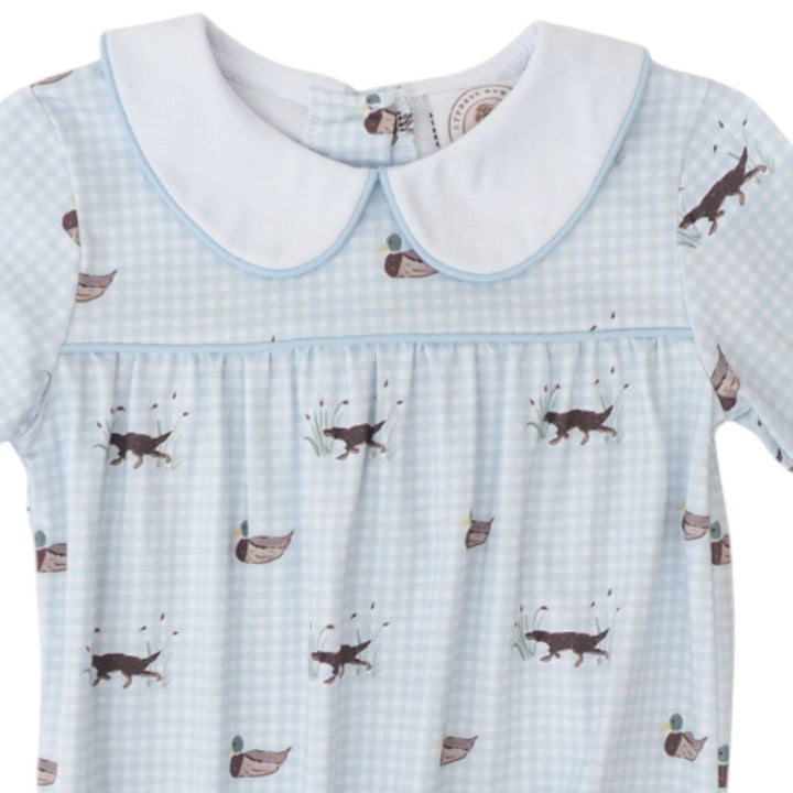 That Store Field and Feather boys bubble in blue gingham with hunting dog and mallard print and white peter pan collar