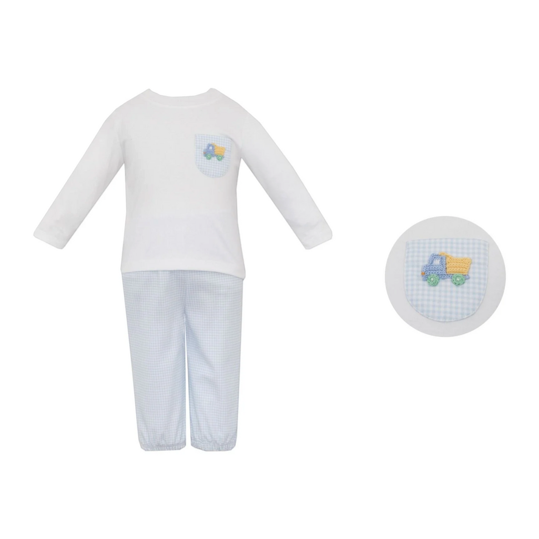 That Store boys two-piece knit set featuring a white long-sleeve top with a blue gingham pocket and crochet dump truck