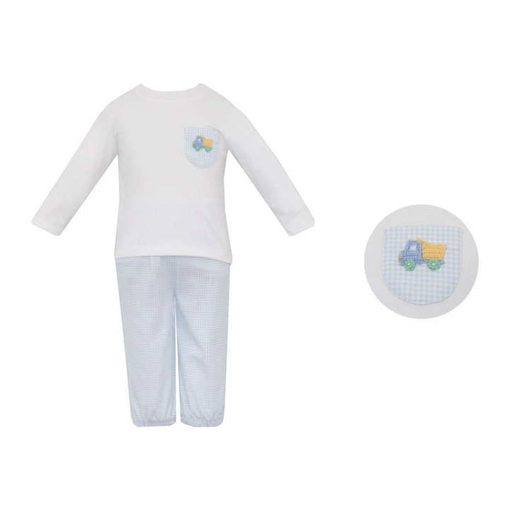 That Store boys two-piece knit set featuring a white long-sleeve top with a blue gingham pocket and crochet dump truck