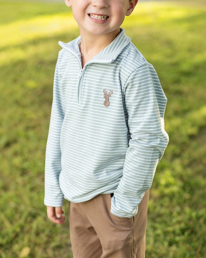 That Store boys green and white striped quarter-zip pullover with a small deer embroidery on the chest