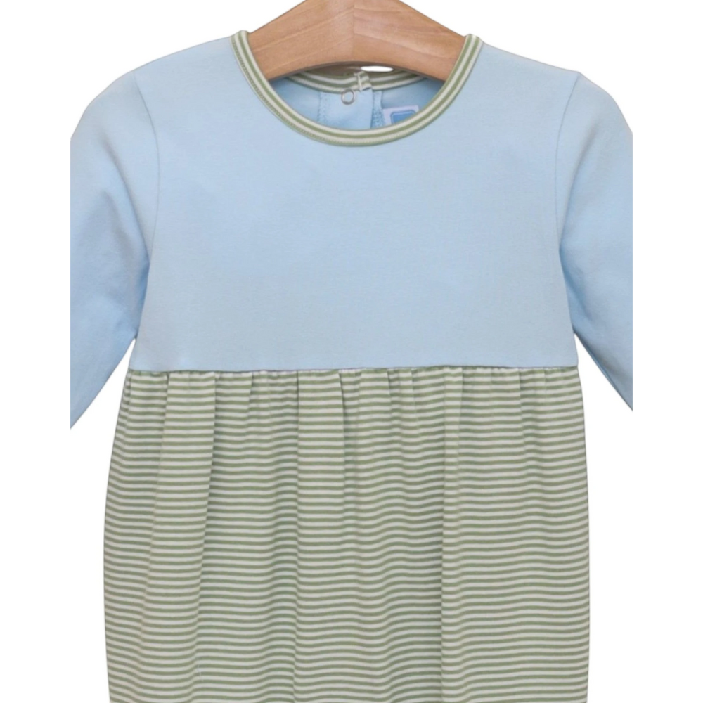 That Store Preston boys romper in light blue and green stripe cotton blend with a comfortable relaxed fit.