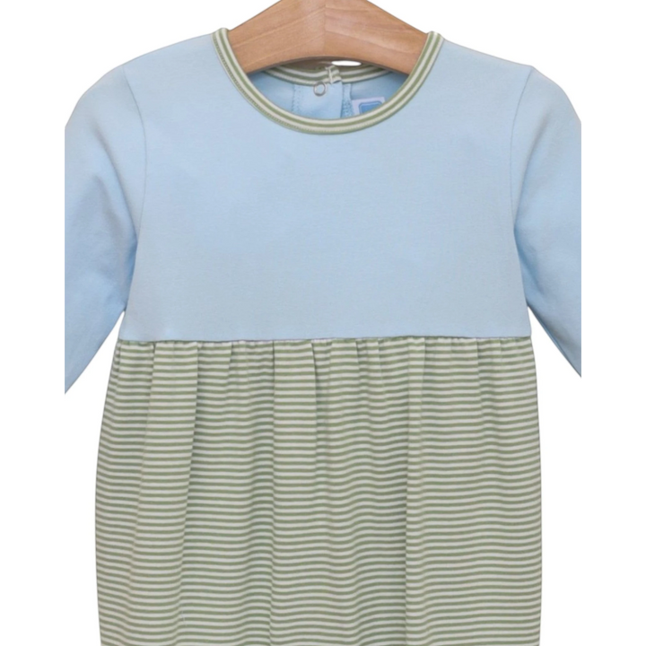 That Store Preston boys romper in light blue and green stripe cotton blend with a comfortable relaxed fit.