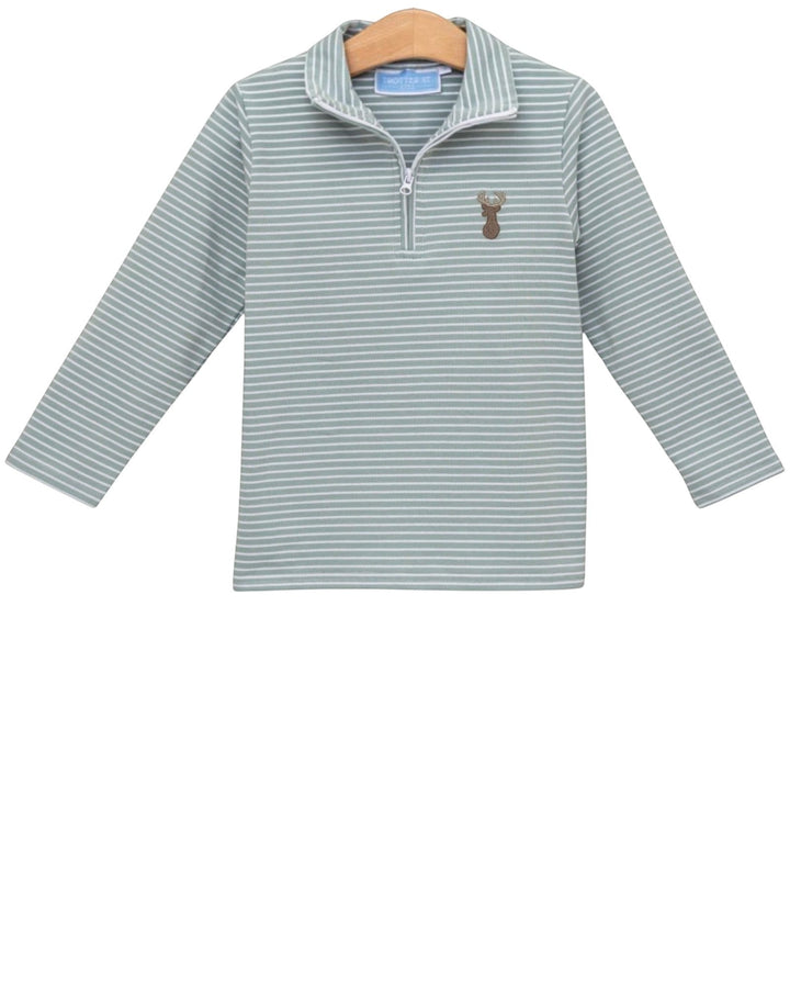 A long-sleeve quarter-zip pullover top with thin horizontal stripes in sage green and white, featuring a small embroidered deer on the left chest, displayed on a wooden hanger against a white background, that store