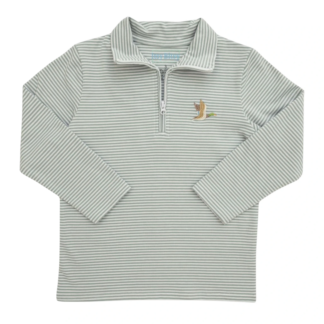 That Store boys green striped 1/4 zip pullover with an embroidered mallard duck on the chest